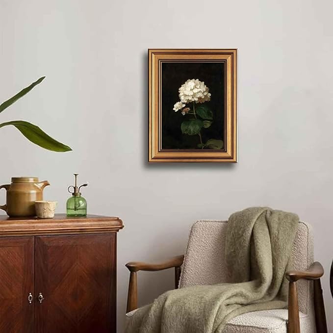 Gold Framed Moody Flower Canvas Wall Art White Hydrangea Living Kitchen painting Decor Pictures Bedroom Vintage Plant Floral Posters Prints for Corridor Classroom Bedroom Woman Room Decoration