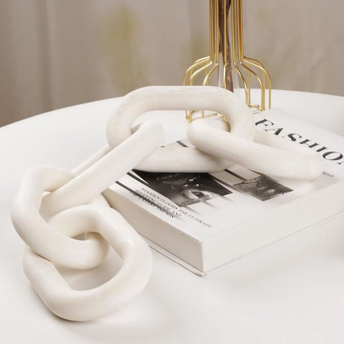 HMASYO White Wood Chain Link Decor, 5-Link Wooden Decorative Chain Home Decor Accents, Coffee Table Decor, Shelf Decor Aesthetic, Modern Bookshelf Table Decorative Objects for Living Room