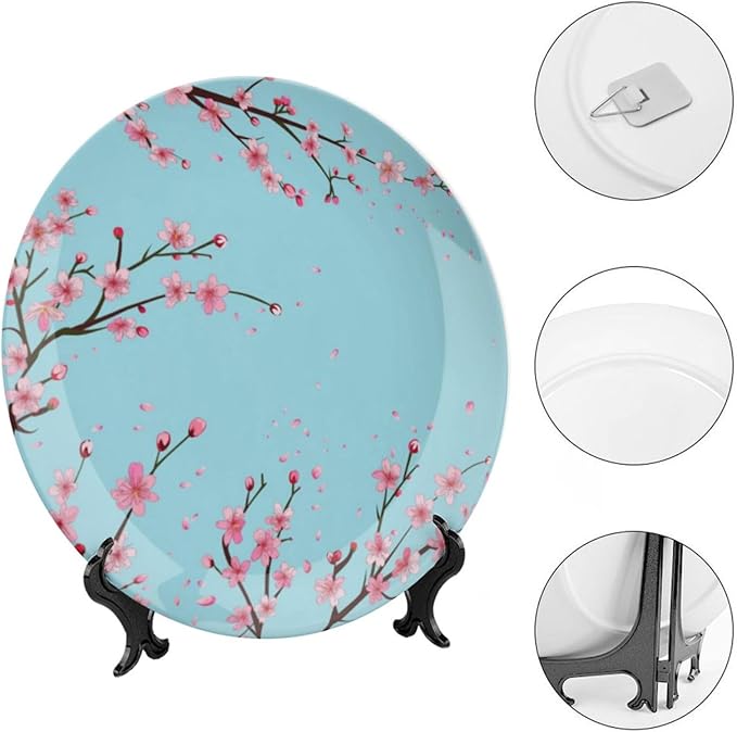 Japanese Spring Theme Decorative Ceramic Plate Round Porcelain Plate,Sakura Tree Branches Pattern,for Decorative Ornaments Giving Plates, 1 Plate with 1 Display Stand,Blue Pink,7 inch