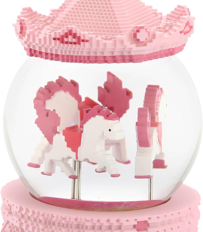 Pixel-Design Carousel Snow Globe Music Box, Compact Decorative Gift for Collectors and Home Accents, Subtle Pink Edition, Plays Toyland Melody