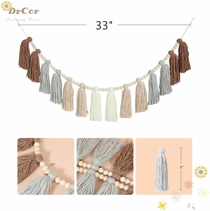 DrCor Neutral Boho Tassel Garland – Handmade Cream, Brown & Gray Yarn Banner for Nursery, Baby Shower, Birthday Party, Rustic Farmhouse Wall Hanging & Warm Cozy Home Decor