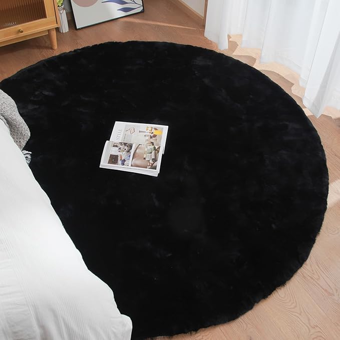 Black Round Area Rug 5ft Washable Faux Fluffy Fur Rug for Bedroom Circle Nursery Rug for Living Room Girl Room Cute Décor