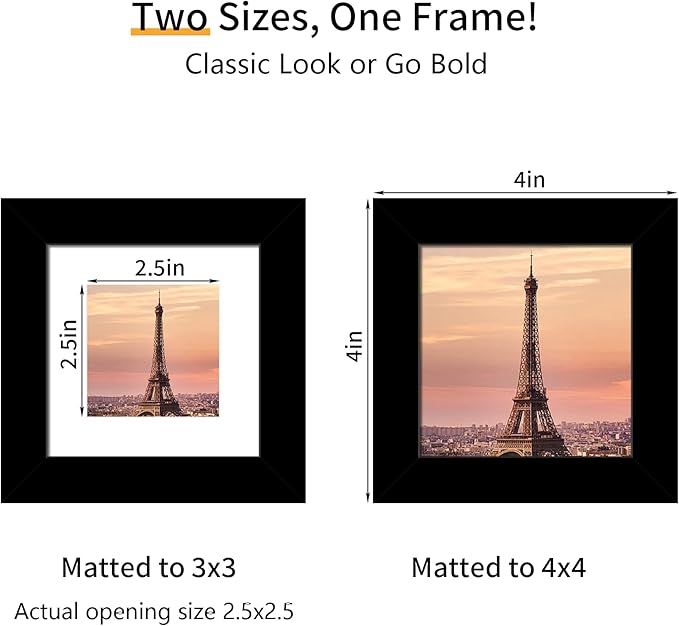 4x4 Picture Frame 3 Pack - Black Poster Frame Display Pictures 3x3 with Mat or 4 x 4 Without Mat for Wall Hanging Horizontal and Vertical