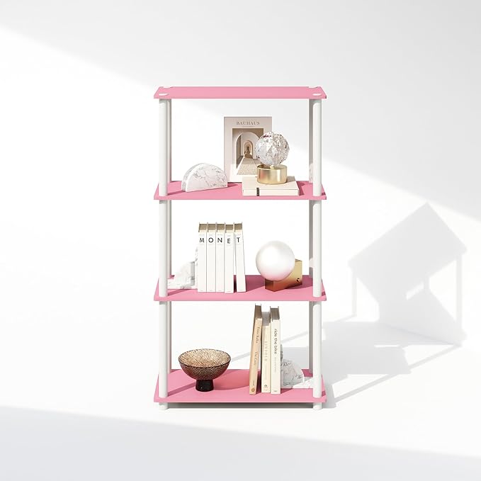 Furinno Turn-N-Tube Book Shelf, 4-Tier Bookshelf, Bookcase with Multipurpose Compact Display Rack, 11.6 x 23.6 x 43.2, for Living Room, Bedroom, Home Office, Pink/White
