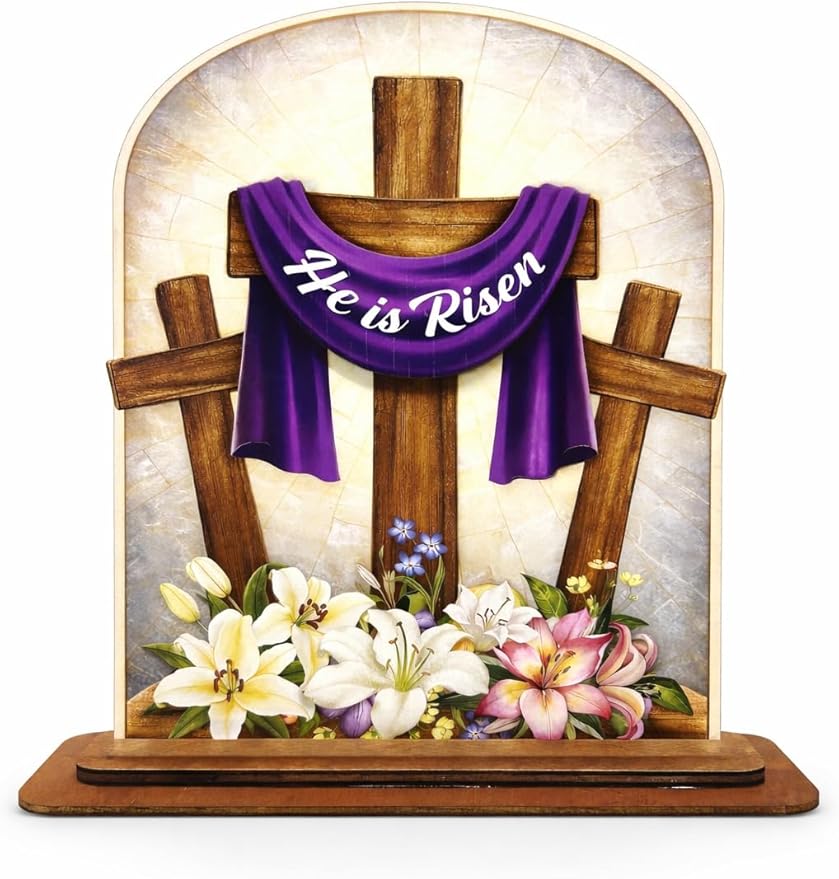 KATINAT He Is Risen Easter Decor Wooden Plaque – Christian Resurrection Cross Table Sign with Purple Cloth, Religious Easter Decoration for Home, Church, Christian Gift, Resurrection Sunday Decor