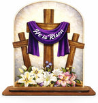 KATINAT He Is Risen Easter Decor Wooden Plaque – Christian Resurrection Cross Table Sign with Purple Cloth, Religious Easter Decoration for Home, Church, Christian Gift, Resurrection Sunday Decor
