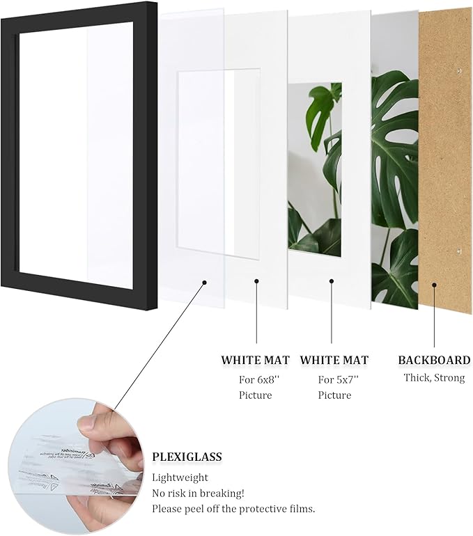 Egofine 8x12 Picture Frames Set of 4, Made of Solid Wood Covered by Plexiglass 5x7 and 6x8 with Mat or 8x12 without Mat, for Table Top Display and Wall Mounting Photo Frame Black