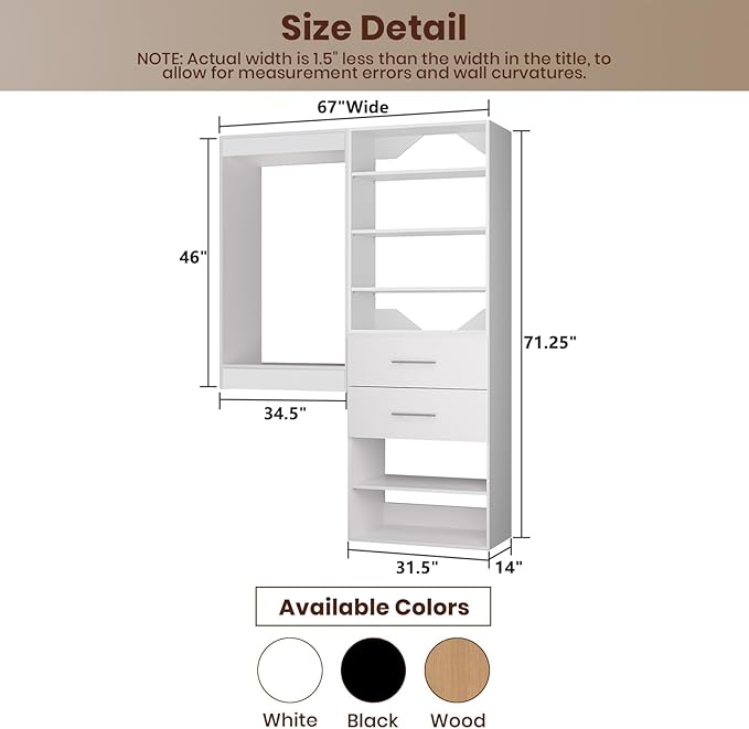 ROOMTEC Modular Closet System, 67" Wall Mounted Closet Organizer with Hanging Rods and Drawers, Wooden Tower for Walk-In Closets, Wardrobe Storage Kit, White