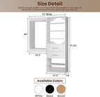ROOMTEC Modular Closet System, 67" Wall Mounted Closet Organizer with Hanging Rods and Drawers, Wooden Tower for Walk-In Closets, Wardrobe Storage Kit, White