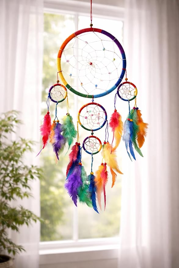 OMA Rainbow Chakra Dream Catcher Wall Decor – Handcrafted Dream Catcher with Multicolor Tie Dye Feathers for Bedroom, Living Room, Dorms & Gift – 7" Diameter x 22" Long
