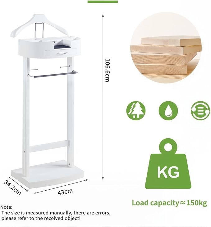 White Valet Stand For Women With Drawer Wood Suit Stand For Mens with Contour Hanger Trouser Shoe Rack Tie & Belt Stand Organizer Clothing Rack For Office Hotel Living Room Coat Rack(White)