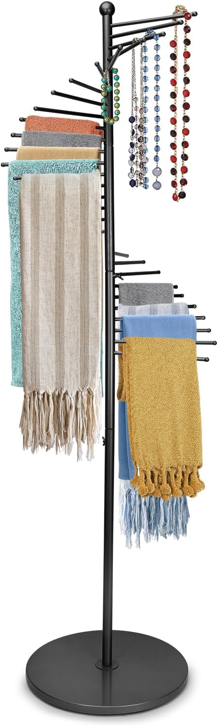 Metal Scarf Rack, Freestanding Spiral Scarf Holder Commercial Hijab Organizer Belt Pants Hanger with 30 Rods for Clothing Store Home, Space Saving Shelves (Color: Black, Size: 17''x67'')