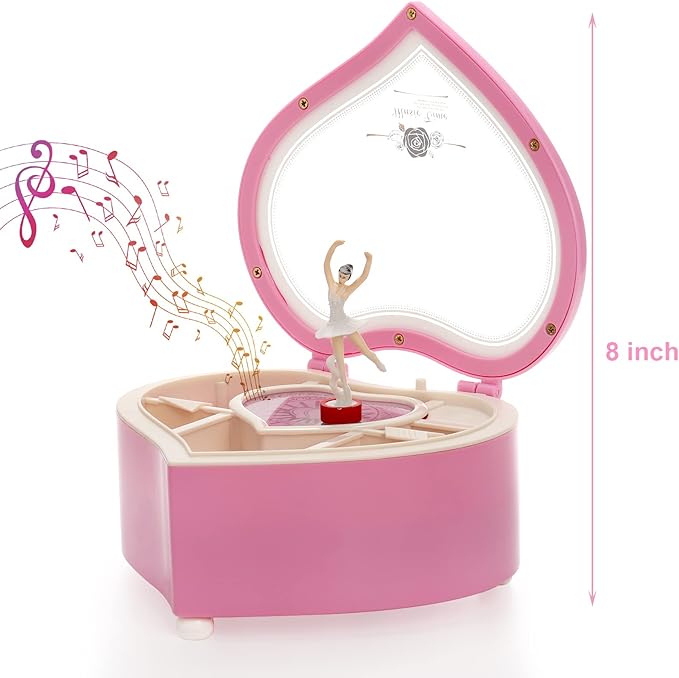 yarlung Ballerina Music Box for Valentine's Day Gift, Pink Heart Rotating Dancing Girl Gift Box for Jewelry, Trinket, Mother's Day Birthday