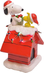 Mark Feldstein, Peanuts Snoopy's Dog House Tabletop Holiday Figurine with LED Christmas Lights, Red, 7.5 Inch