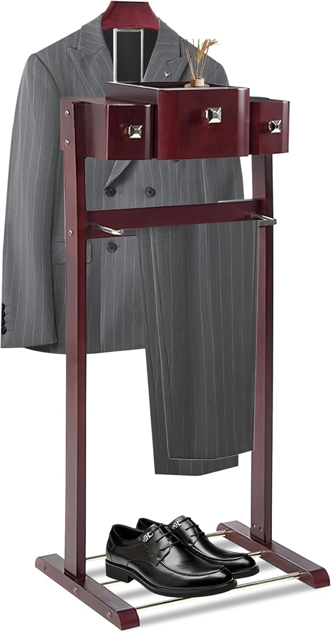 Mens Valet Stand With Top Tray Non-Slip Trouser Bar Clothes Valet Suit Stand Freestanding Clothes Rack For Living Room Entryway Bedroom Office