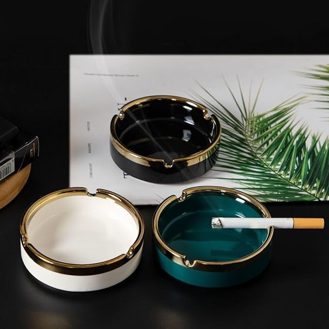 Saim Ceramic Cigar Ashtray for Men - Retro Round Desktop Ash Tray with Gold Edge, Anti-Slip Bottom, for Home Office Patio Outdoor Smoking - Green