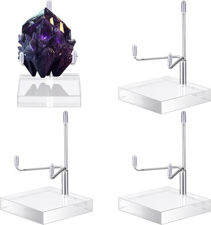 Suzile 4 Pcs Adjustable Metal Arm Display Stand Easel with Acrylic Base Rock Display Easel Holder Acrylic Crystal Clear Plate Stand for Geodes Mineral Agate(Silver,2 x 2 x 3 Inch)