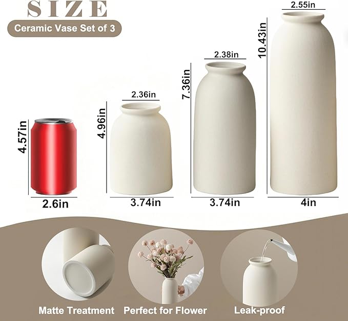 Ceramic Vase Set-3, Large Flower Vases for Decor, Modern Boho Farmhouse Style, 10.4 Inch Tall, 4 Inch Width, Beige Color, Decorative Vases for Pampas Grass, Dried Flowers and Fresh Flowers (XL Beige)