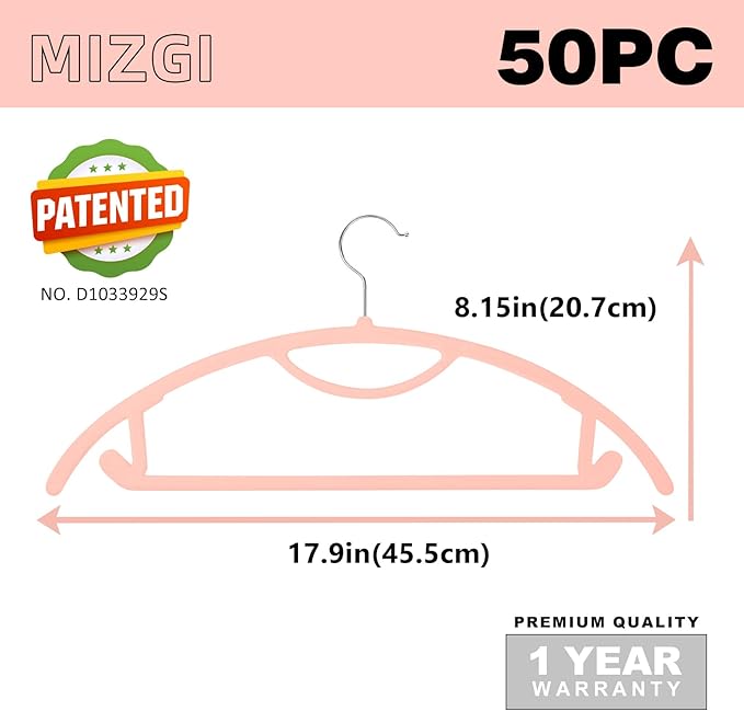 MIZGI Premium Velvet Hangers 50-Pack,No Shoulder Bump Hangers W/Tie Bar Ultra Thin Space Saving Non Slip Hanger Heavy Duty Felt Rounded Clothes Hanger for Sweaters,Coat,Jackets,Pants,Shirts