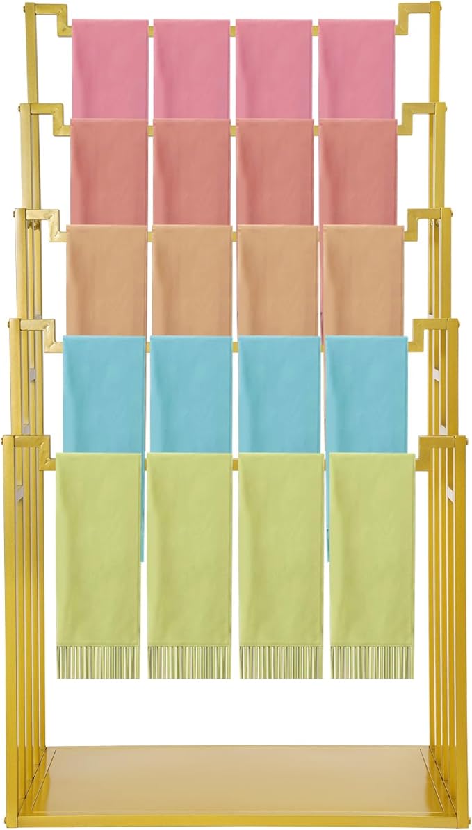 Scarf Organizer, 5-Tier Metal Scarf Display Stand with Wheels, Freestanding Scarf Display Rack, Retail Store Towel Rack, Ties Belt Pants Hanging Rack, for Boutique Display, Home (Gold-5 Rods)