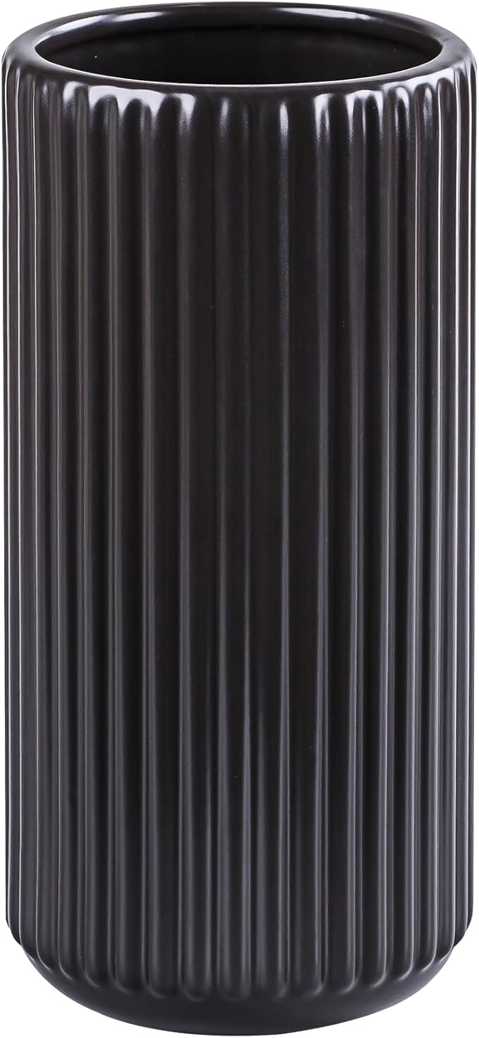 Black Ceramic Flower Vase for Pampas Grass, 8 inch Small Decorative Centerpiece Ribbed Vase for Dining Table, Office Desktop, Shelf Bookshelf, Mantel, Entryway, Bathroom, Countertop, Farmhouse, Gift