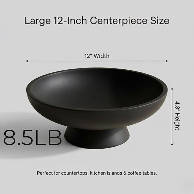 12" Concrete Fruit bowl for Kitchen Counter, Coffee Table Decor, Decorative Key Bowl, Home Décor Accents, Kitchen Counter Decor Black