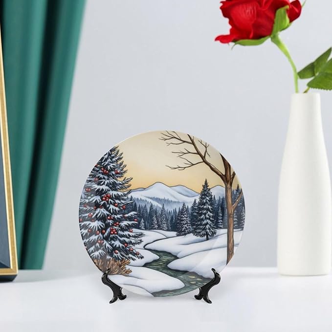 Cedar Theme Decorative Ceramic Plate Round Porcelain Plate,6 inch,Winter Watercolor Scene Pattern,for Decorative Ornaments Giving Plates,1 Plate with 1 Display Stand,Blue White