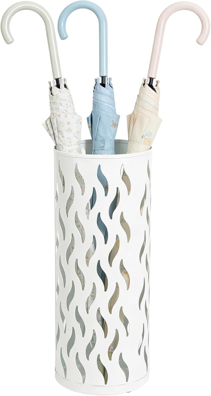 Umbrella Holder, Metal Umbrella Stand for Entryway, Umbrella Storage Rack with 4 Hooks Decor, Home, Office,5.8 × 5.8 × 16.4 (White)