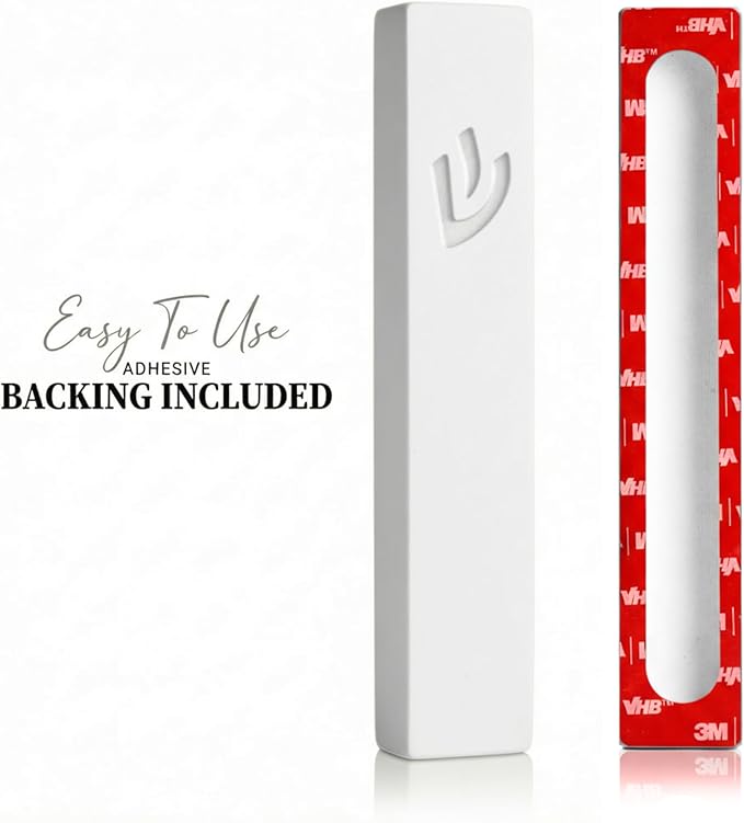 SURI Mezuzah for Door – 6 Inch White Concrete Mezuzah Case with Printed Scroll, Self-Stick Jewish Entry Design, Fits a 5 Inch Scroll, Gift Box Included