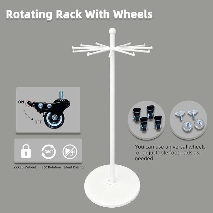 23 Inch Rotating Scarf Display Rack, Metal Purse Rack with 12 Hooks & Wheels, 100 lbs Capacity - Freestanding Premium Retail Handbag Rack for Home & Commercial Use, White
