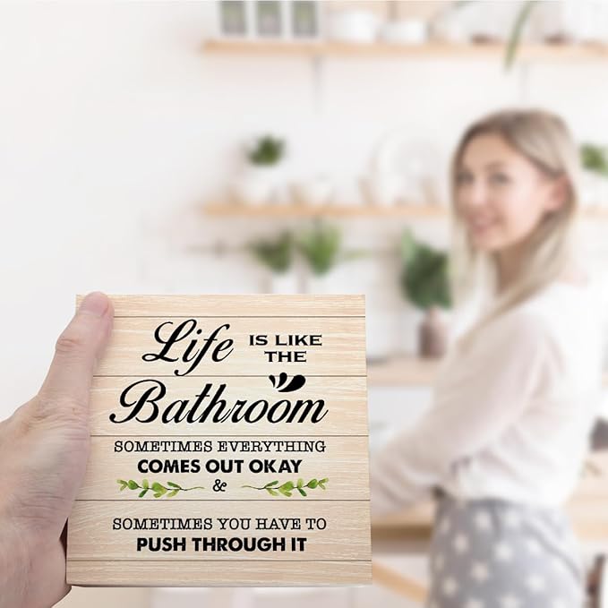 Burlywood Life is Like The Bathroom Wooden Box Sign Desk Decor,Funny Bathroom Wood Block Sign for Farmhouse Toilet Shelf Decor