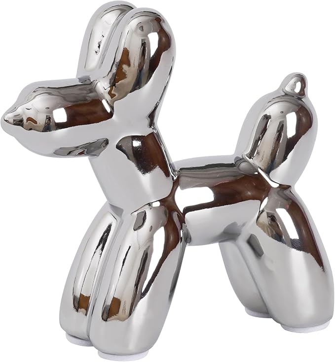Notakia Silver Balloon Dog Ceramic Statue, Handmade Small Modern Animal Figurine, Cute Desktop Decoration for Living Room, Home Decor Accent