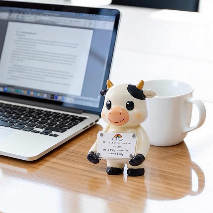 Positive Cow Figurine - 5.1" Tall Hand-Painted Resin Indoor Office Desk Decoration with Cute Motivational Sign, Funny Gift for Women Friends Bestie BFF Bestfriend Coworkers
