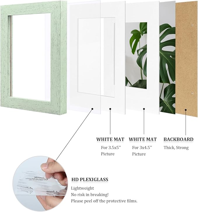 Egofine 4x6 Picture Frames Set of 4, Made of Solid Wood Covered by Plexiglass 3x4.5 and 3.5x5 with Mat or 4x6 without Mat, for Table Top Display and Wall Mounting Photo Frame, Rustic Green