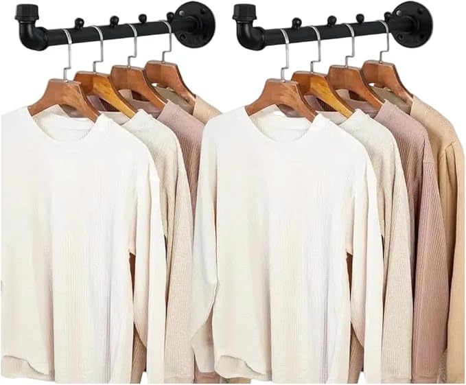 Industrial Wall Pipe Clothes Bar - Heavy Duty Metal Coat Hanger with Hook, Wall-Mounted Garment Holder Racks,Wall Clothing Racks/Hanging Rail, 6Pcs