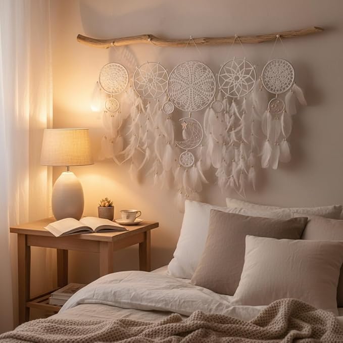 Dream Catchers Boho Wall Decor Macrame Wall Hanging Large Moon Phase Handmade Traditional Dream Catcher for Bedroom Adult Living Room Home Bohemian Decorations,Witchy Gifts(White Set)