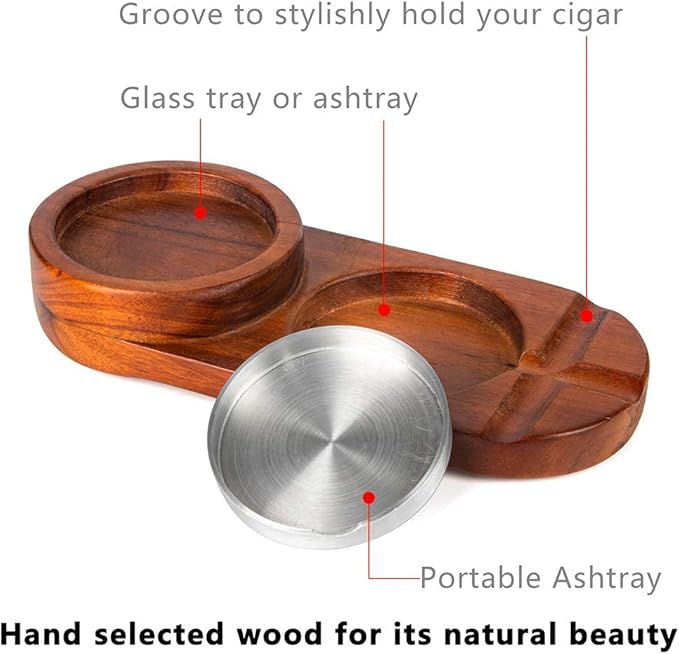 Father Day Gifts Cigar Ashtray Coaster Whiskey Glass Tray and Cigar Holder, Wooden Ash Tray, Slot to Hold Cigar, Cigar Rest Cigar Accessory Set Gift for Men Dad, Great Decor for Home (Classic)