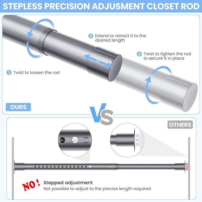 Closet Rods for Hanging Clothes, 17 to 39 Inches No-Cut Stepless Adjustable Closet Rod, 1.3 Inches Expandable Metal Heavy Duty Closet Hanging Rod for Closet Wardrobe Bathroom Laundry RV, Silver
