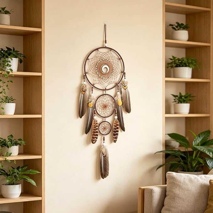 Bohemian Brown Dream Catcher with Moon Accent, Multi-Rings & Natural Feathers – Handmade Native American Style Wall Decor for Bedroom, Living Room, Boho Home Decoration & Gift(Brown 3 Rings)