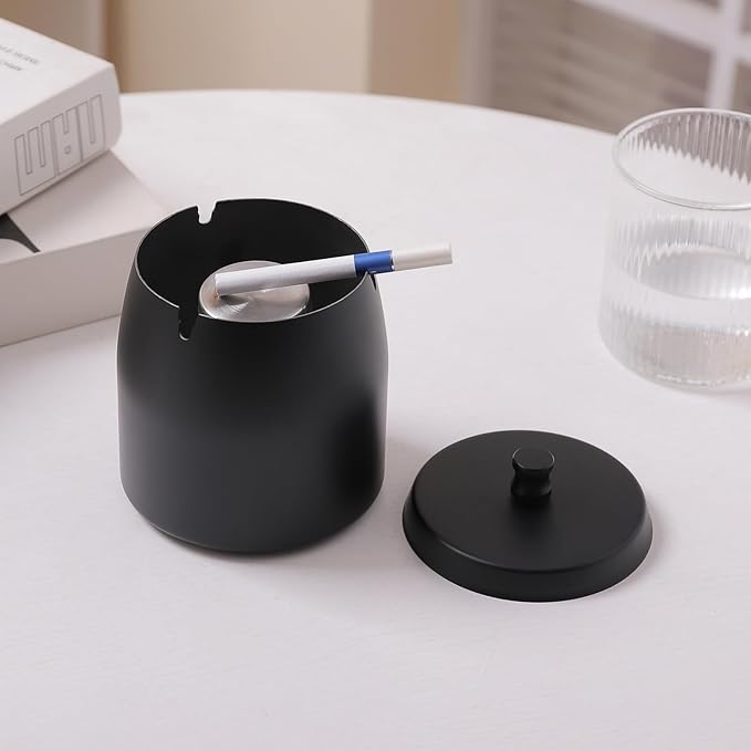 Extra Large Ashtray with Lid for Cigarette, Stainless Steel Smokeless Odorless Windproof Ash tray for Home Office Tabletop Outside Patio Outdoor Balcony(4.72''x3.93''x4.33'')