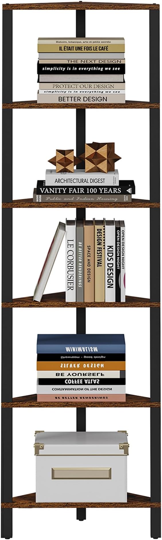 TUTOTAK Corner Shelf, 6-Tier Corner Bookshelf for Small Space, Narrow Display Corner Shelf Stand with Storage Rack, for Living Room, Bedroom, Rustic Brown BS05BB006