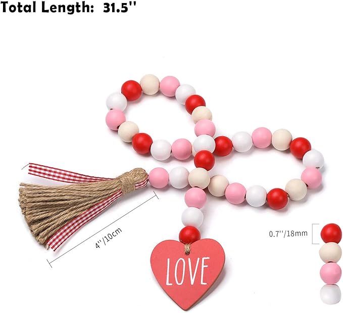 Valentine’s Day Wood Bead Garland with Tassels and Love Heart Shaped Wooden Embellishments Rustic Farmhouse Tiered Tray Wedding Decorations Home Decor (Red & White Love)