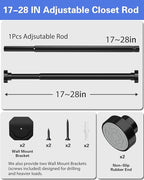 No Drilling Closet Rods for Hanging Clothes, Non Slip Tension Rod with Heavy Duty Clothes Hanging Rod, 17-28 Inches Adjustable Spring Closet Rod for Closet Wardrobe Bathroom Laundry RV, Black