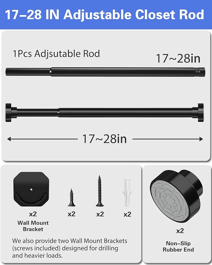 2 Pack No Drilling Closet Rods for Hanging Clothes, Non Slip Tension Rod with Heavy Duty Clothes Hanging Rod, 17-28 Inches Adjustable Spring Closet Rod for Closet Wardrobe Bathroom RV, Black