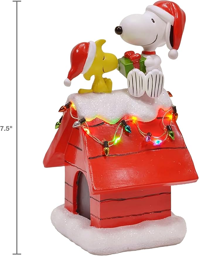 Mark Feldstein, Peanuts Snoopy's Dog House Tabletop Holiday Figurine with LED Christmas Lights, Red, 7.5 Inch