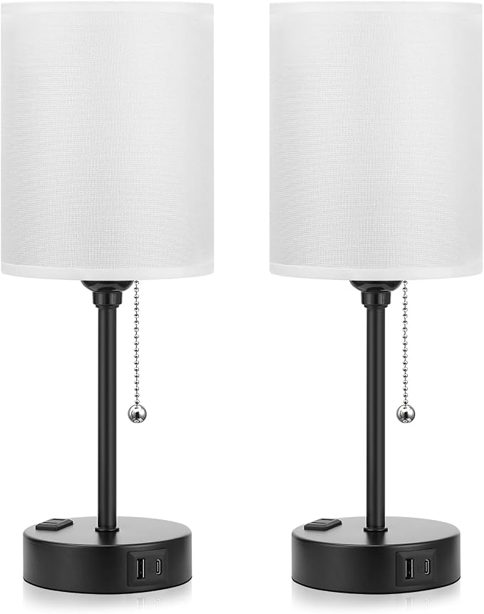 Bedside Table lamp for Bedroom Set of 2 - 3 Color Temperatures Small Lamps with USB C and A Ports, Pull Chain Table Lamps with AC Outlet, White Nightstand Lamps with Black Metal Base for Kids Reading