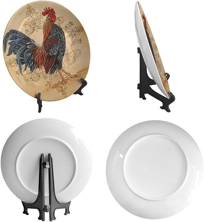 Rooster Decorative Ceramic Plates, 6 Inch, Rooster On A Khaki Background Round Display Plate, Table Top Plate Decor with Stand, Ceramic Craft for Wall Hanging Decorative