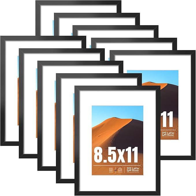 LaVie Home 8.5x11 Picture Frame Black Set of 10, Display 6x8 with Mat or 8.5 x 11 Without Mat Picture, Photo Frame Collage for Wall Gallery or Table Deco, Hanging or Tabletop Display