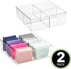 mDesign Plastic 4 Compartment Divided Drawer and Closet Storage Bin - Organizer for Scarves, Socks, Ties Bras, and Underwear - Dress Drawer Organizer, Shelf Organization - 2 Pack - Clear