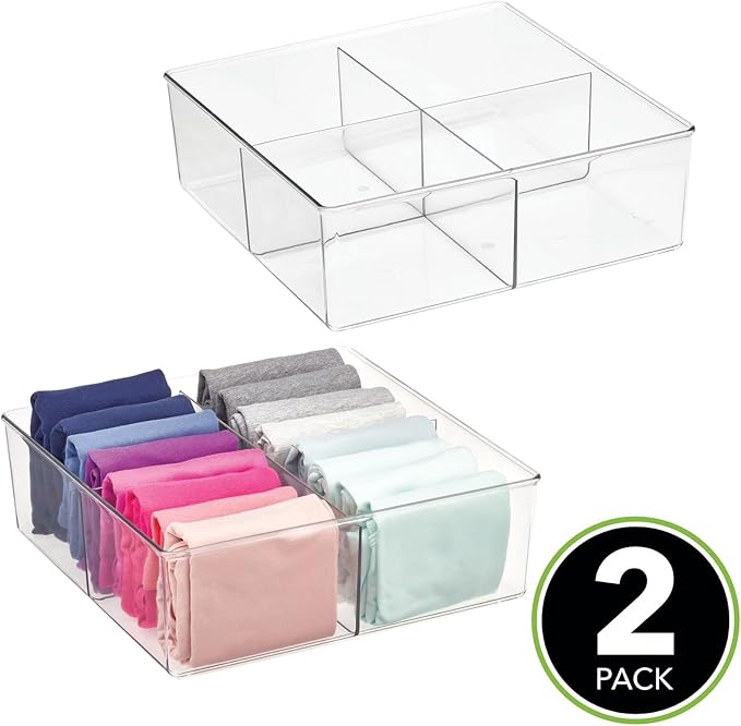 mDesign Plastic 4 Compartment Divided Drawer and Closet Storage Bin - Organizer for Scarves, Socks, Ties Bras, and Underwear - Dress Drawer Organizer, Shelf Organization - 2 Pack - Clear